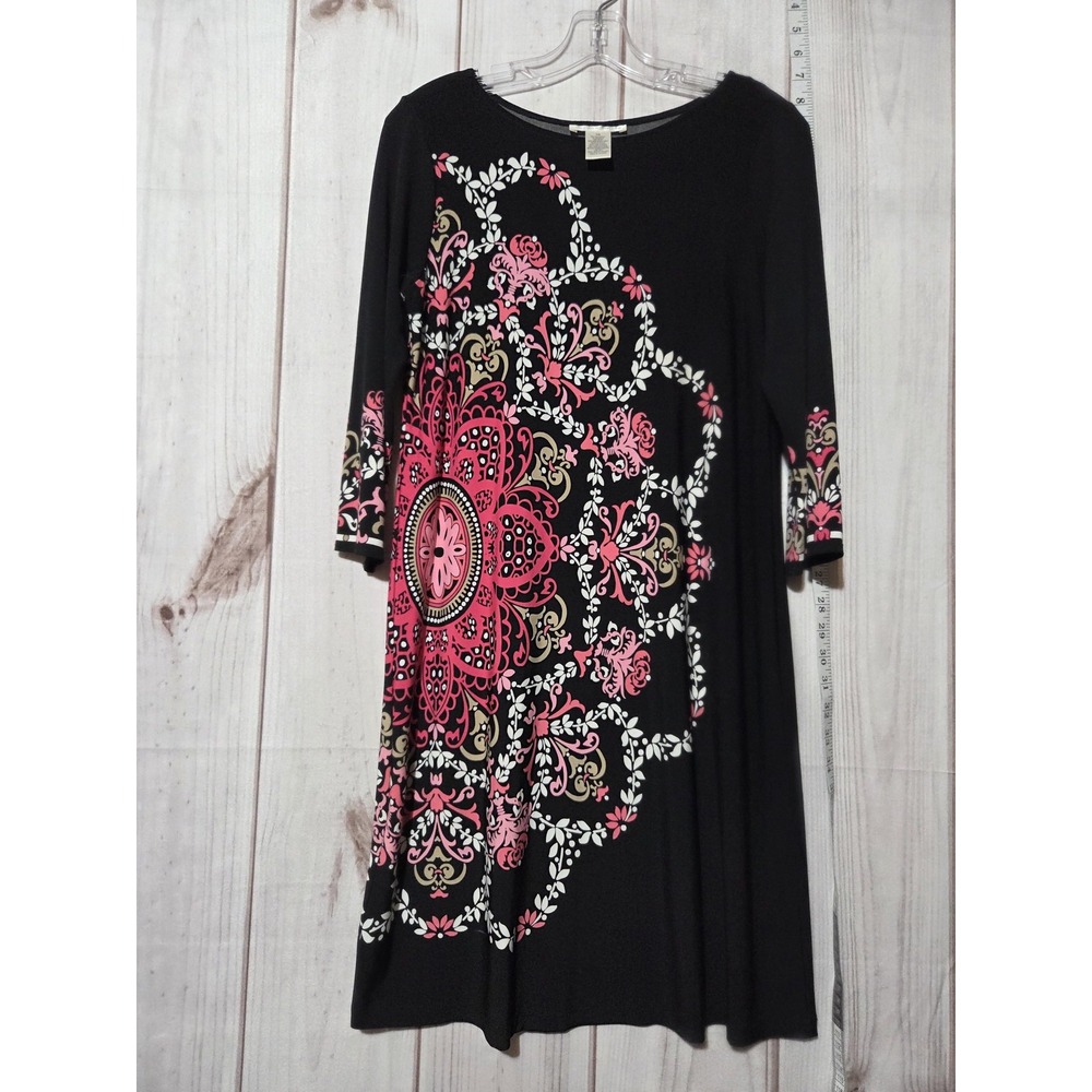 London Times Dress Womens 10 Black Pink White Floral Medallion 3/4 Sleeve Boho